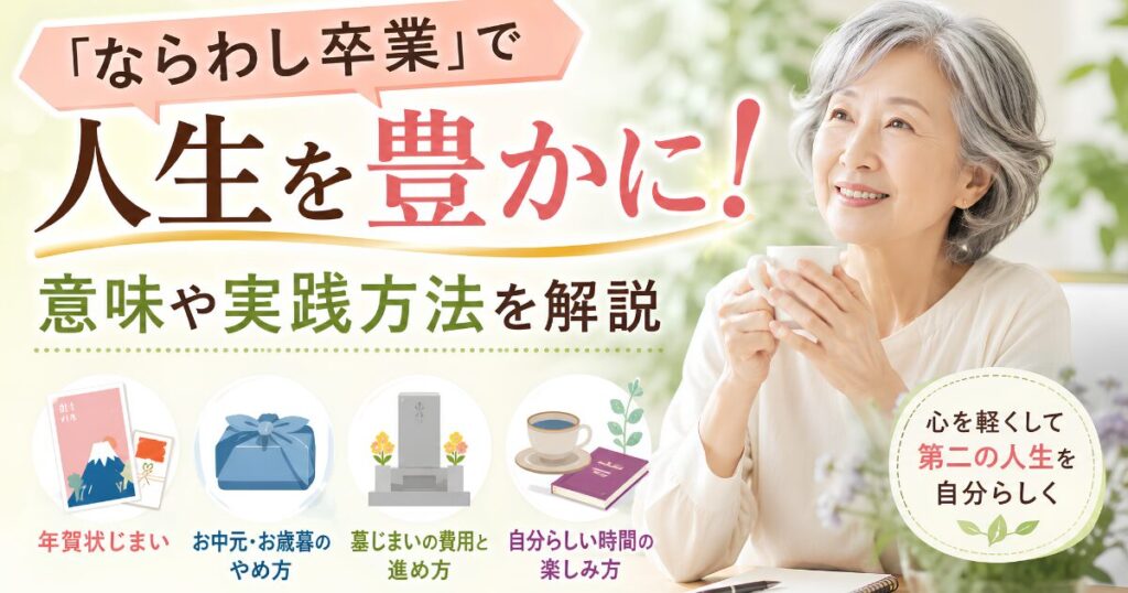 ならわし卒業で人生を豊かにする考え方を紹介するアイキャッチ画像。年賀状じまい、お中元・お歳暮の見直し、墓じまいなどの実践方法を解説。