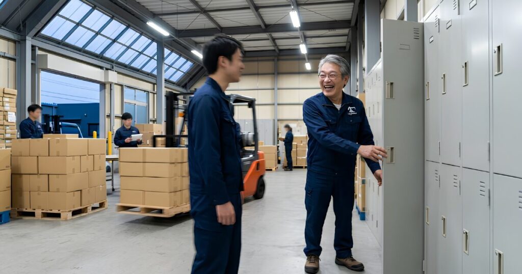 60代の日本人男性が、物流倉庫での仕分けアルバイト（フォークリフト運転）を終え、更衣室で晴れやかな表情で同僚と話している。2026年からの「在職老齢年金 65万円の壁」改正により、しっかり稼げることに期待する姿。