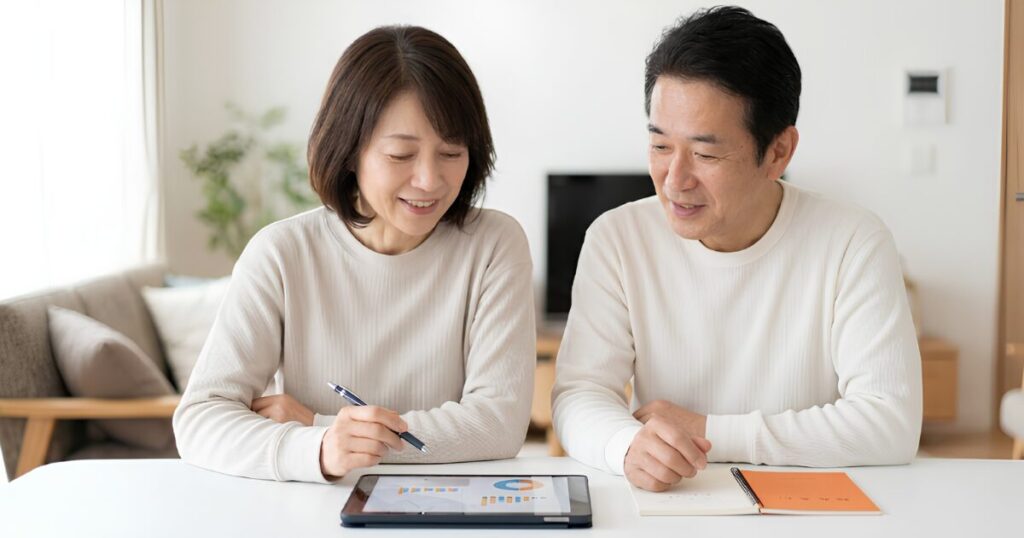 ねんきん定期便とタブレットを見ながら老後資金計画を立てる日本の50代夫婦
