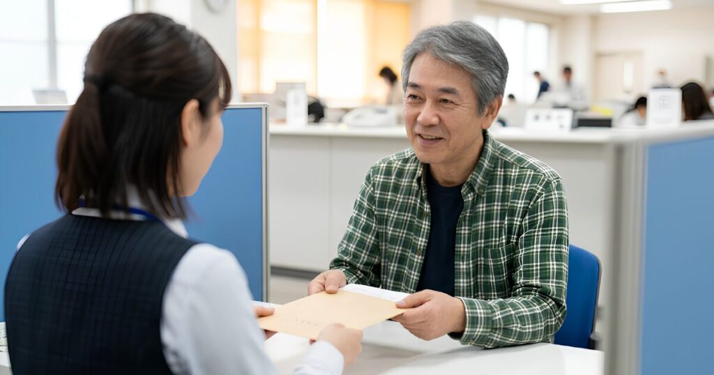 65歳を過ぎて退職した日本人のシニア男性が、ハローワークの窓口で職員から説明を受け、笑顔で書類を受け取っている。年金を満額受給しながら一時金を受け取れる制度の活用。