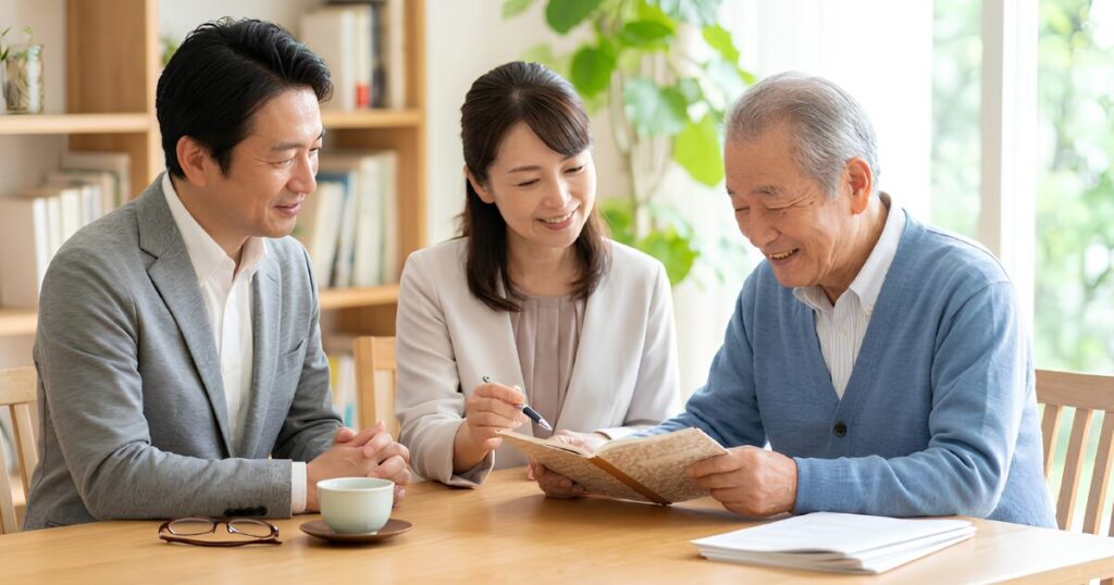 専門家（終活アドバイザー）の案内のもと、エンディングノートを開き、笑顔で将来の希望を語る高齢の日本人男性と、それを優しく見守るアドバイザー。