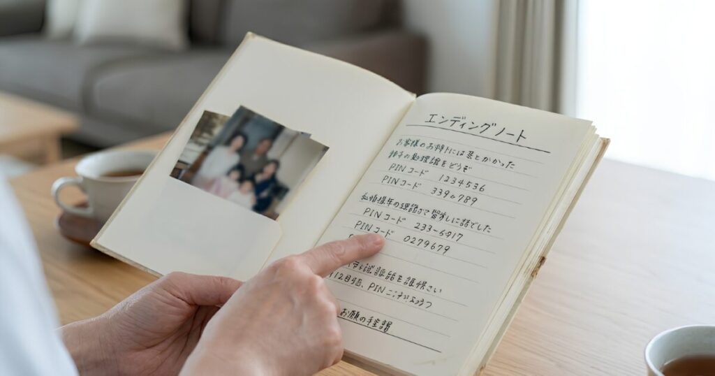 開かれたエンディングノートのページを指さす日本人のシニア女性の手元のクローズアップ。ページにはパスワードらしき数字がアナログ（手書き）で記録されている。