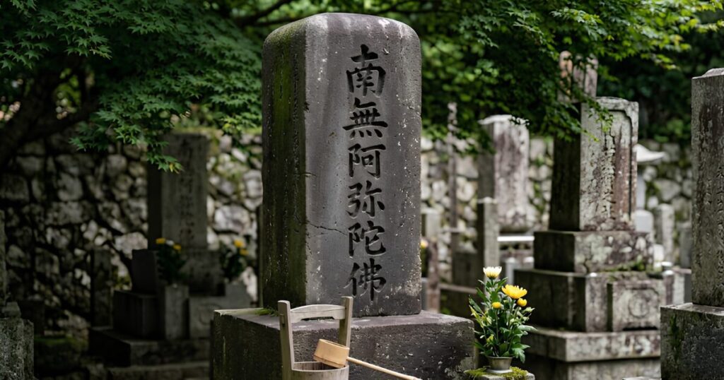 日本の墓地にある、文字が刻まれた墓石。竿石の正面に「南無阿弥陀仏」と深く刻まれ、苔むした風合いがある。宗派特定のヒント。