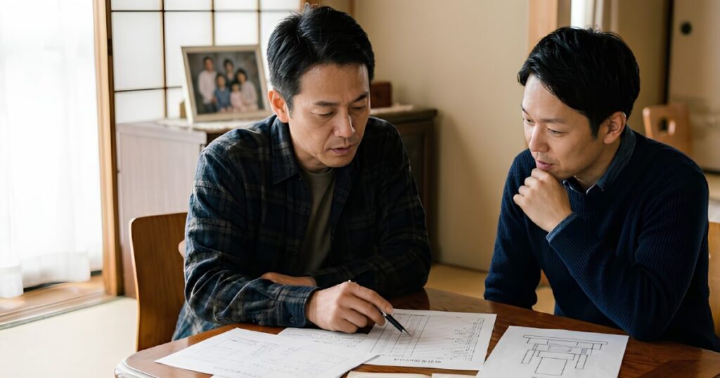 実家の墓じまいにかかる費用明細を見ながら、真剣に話し合う長男と次男。