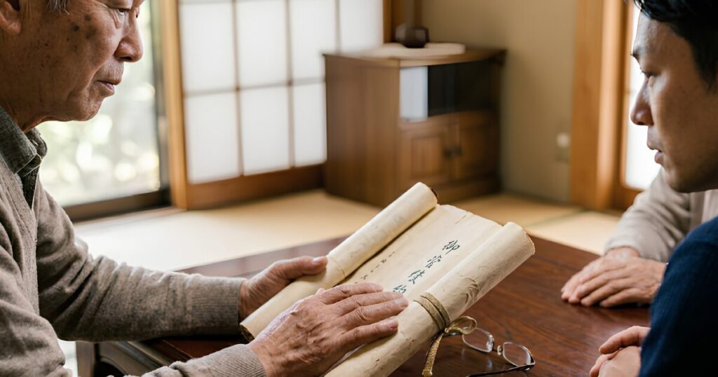 実家の墓の管理規約を、年長の親族と共に確認する次男の様子。