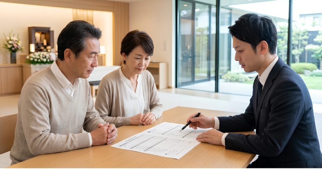 落ち着いた相談スペースで、葬儀社のスタッフから提示された見積書やパンフレットを真剣な表情で見つめる日本のミドルシニア夫婦。