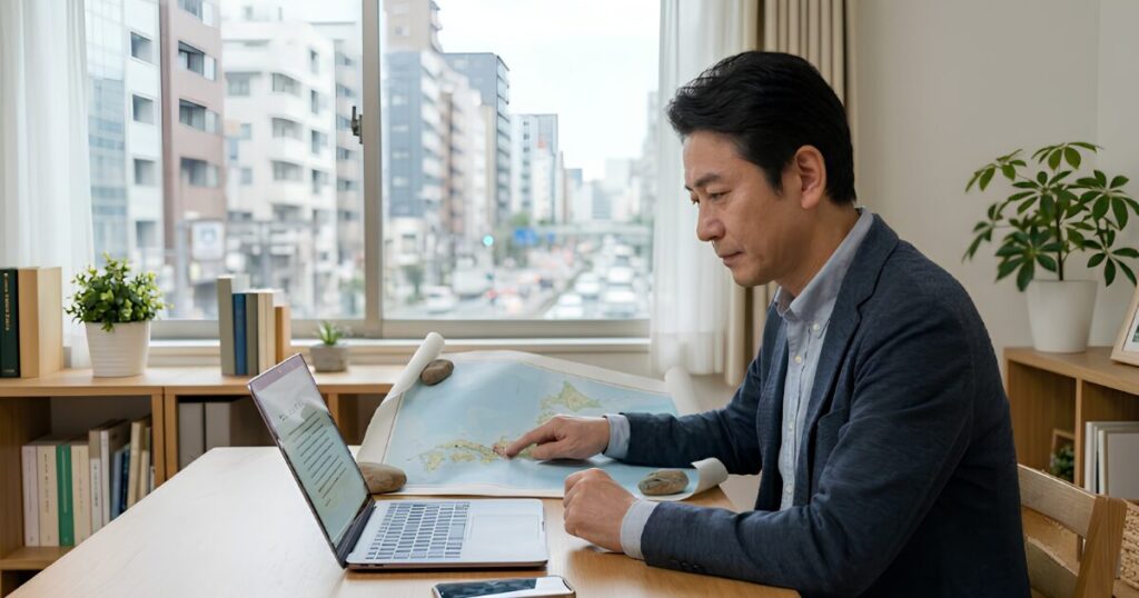 遠方の故郷を思い窓の外を眺める、墓じまいに悩む中年日本人男性の様子