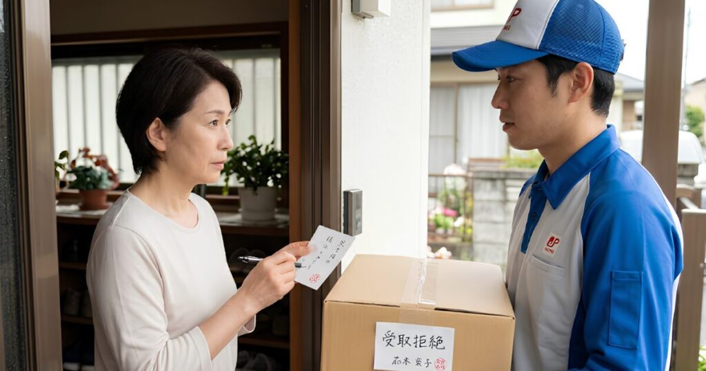 玄関先で、50代の日本人女性が、日本郵便の配達員から未開封のゆうパックを受け取らず、メモ用紙に「受取拒絶」と記入し、署名・捺印をして貼り付けている正しい手順の様子。}