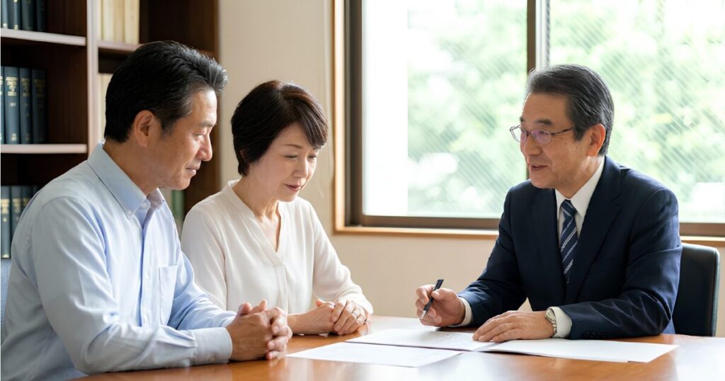 公証役場の相談ブースで、遺言書や家族信託について、公証人に熱心に相談する日本人の夫婦。