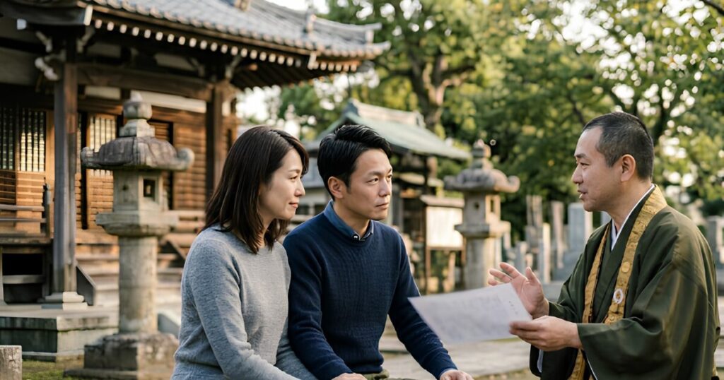 妻の実家のお墓を継承できるか、寺院の住職に相談する夫婦。