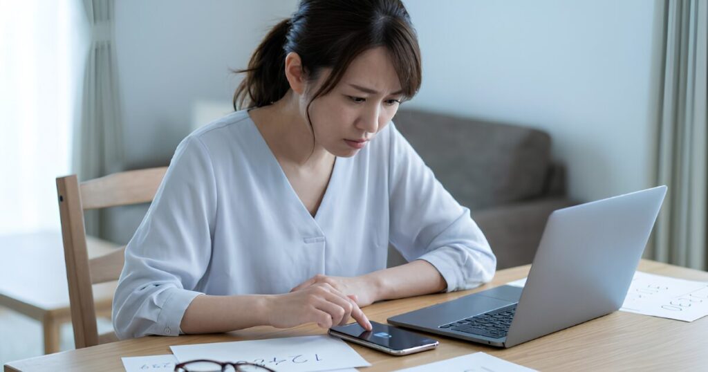 故人のパスワードを解除しようと、スマートフォンとノートパソコンを前に、散乱したメモを見ながら悩む日本人の遺族の女性。