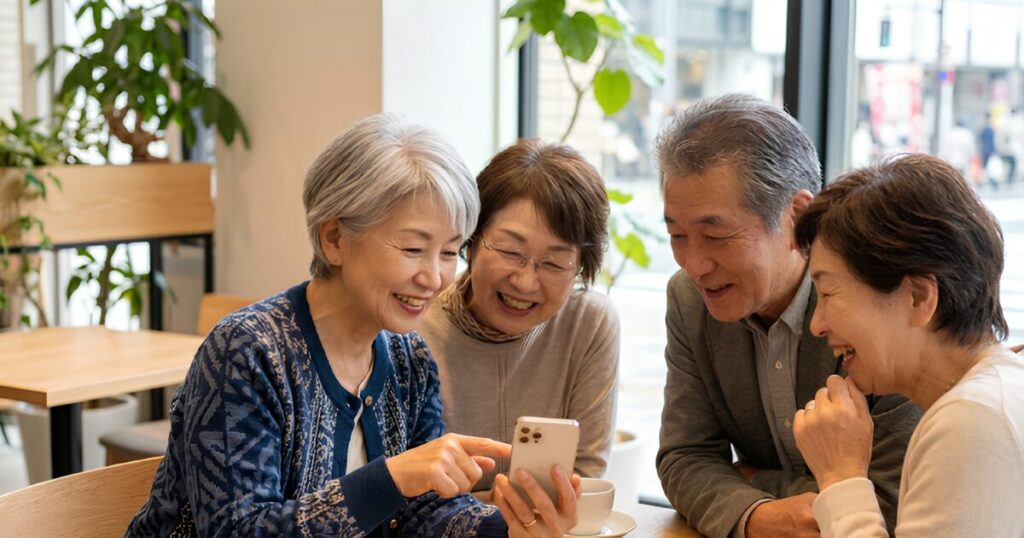 日当たりの良いカフェで、60代の日本人女性が友人グループと笑顔でスマートフォンを見せ合い、LINEの画面操作を教わりながら楽しそうに交流している。
