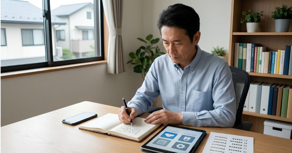 日本人の成熟した男性が自宅のデスクで、スマートフォンやタブレットを見ながら、デジタル遺品の棚卸しとして、アカウント情報やパスワードを物理的なノートに丁寧に書き写している。