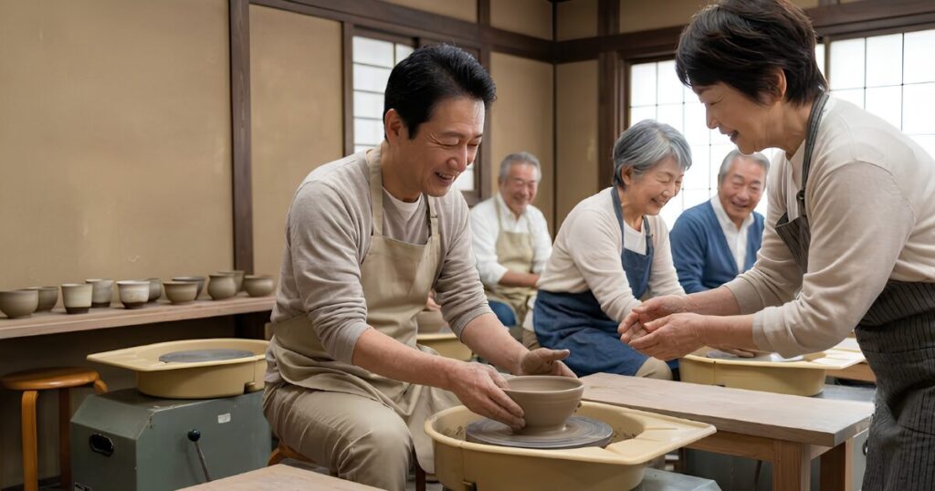 定年後のサードプレイスとして、地域の陶芸教室で仲間たちと笑顔で粘土をこねる日本人男性