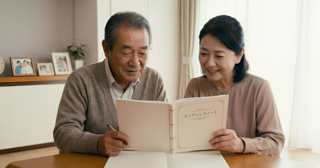 穏やかな表情でエンディングノートに記入し、終活に向き合う高齢の日本人夫妻