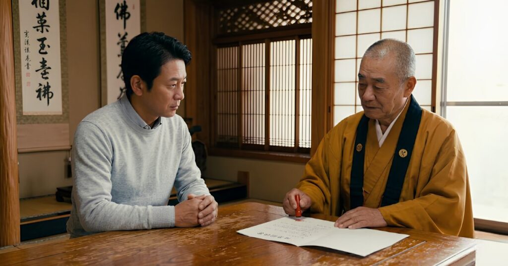 墓地で埋蔵証明書に署名捺印する寺院の住職と、それを見つめる日本人男性