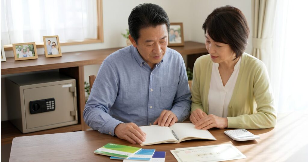 自宅のデスクで、通帳や資産情報を確認しながらエンディングノートに記入する、50代の日本人夫婦。背後の棚には金庫があり、セキュリティへの配慮と家族への責任を表現。