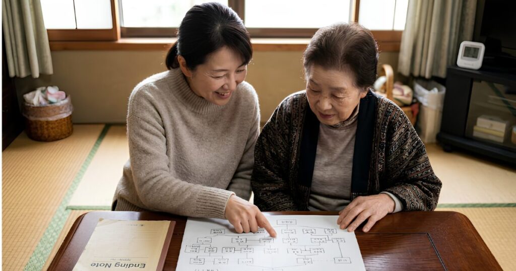 終活の一環として、母親と一緒に家系図を広げ、家族の歴史を笑顔で振り返る日本人シニア女性。