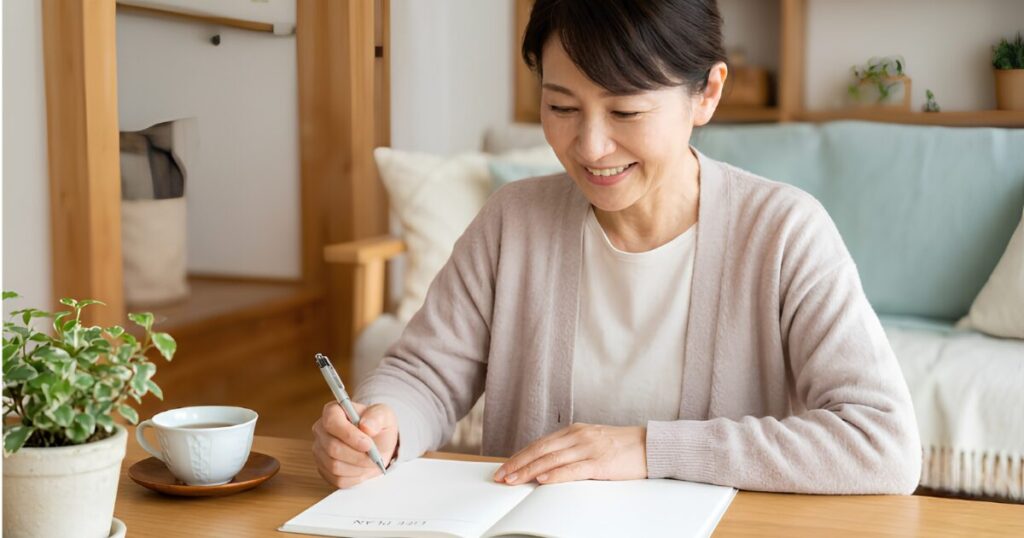 自宅のリビングで笑顔でエンディングノート(ライフプランページ)を書き始める、50代の日本人女性。安心と始まりを表現。