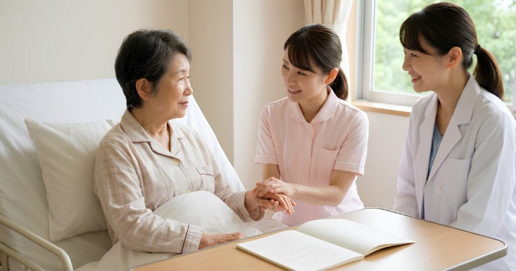 日本の医療施設で、笑顔で寄り添う日本人女性看護師と、穏やかな表情の高齢日本人女性患者。延命治療や介護の意思(リビングウィル)が尊重される安心感を表現。