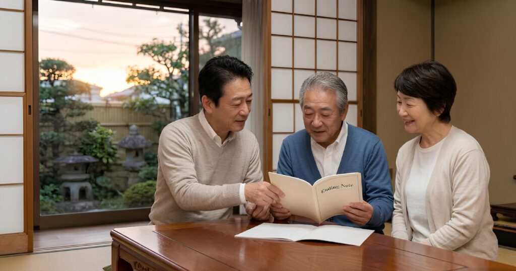 和室で高齢の両親と共にエンディングノートを見つめ、将来の介護やお墓について穏やかに話し合う日本人男性