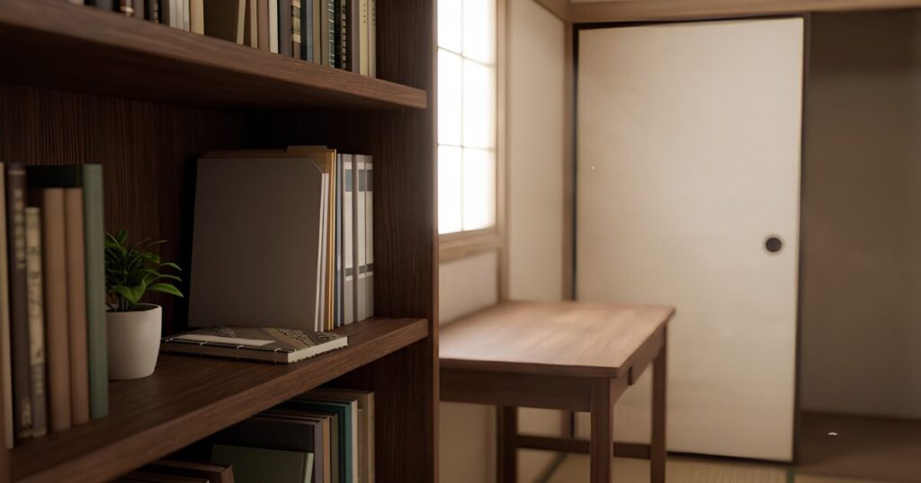静かな自宅の書斎にある本棚。数冊の本と小さな観葉植物の隣に、閉じられたエンディングノートが置かれている。家族が見つけやすい、自宅内の安全な保管場所を表現。