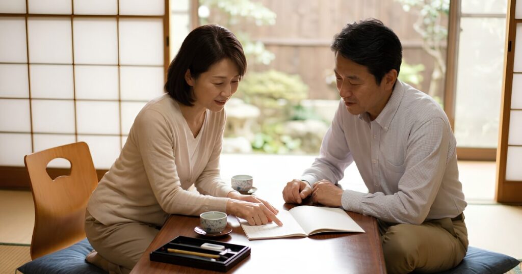 日本の和室で、開いたエンディングノートを囲んで穏やかに話し合う、中年の日本人姉弟。想いを共有する大切さを表現。