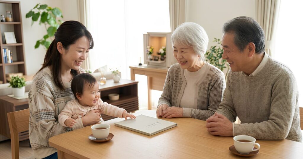 エンディングノートを完成させ、晴れやかな表情で、孫を抱く娘と触れ合う日本人夫婦。終活を終えた安心感と、家族の絆を感じさせる風景。