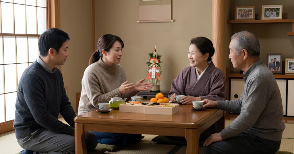 正月の帰省時に、リビングでくつろぐ義理の両親と息子夫婦。息子夫婦が優しく親族間の贈答廃止を提案し、両親が納得の表情で頷いている。