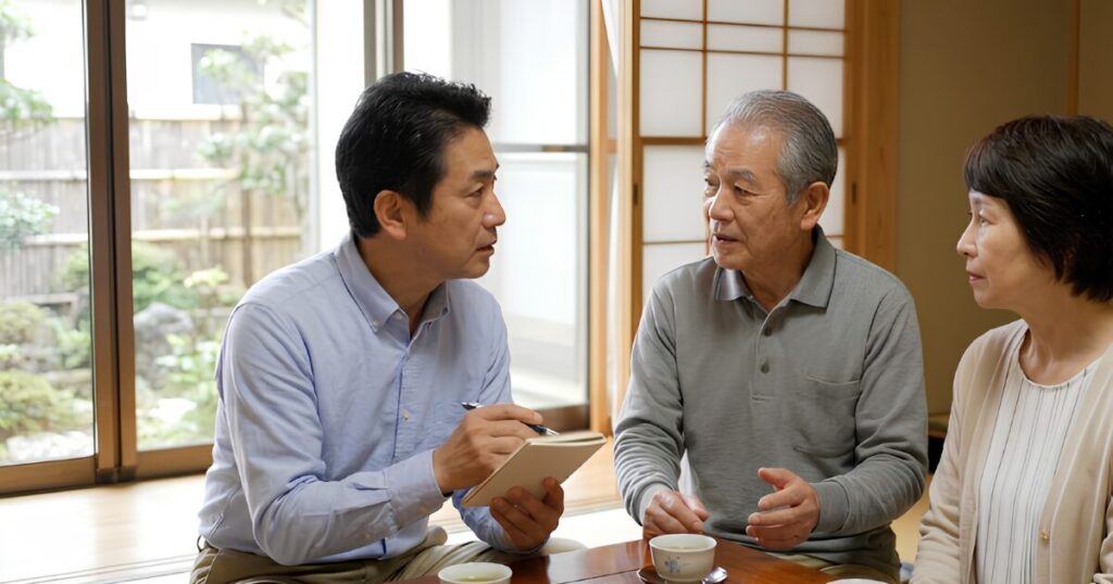和室の座卓を囲み、お茶を飲みながら父親や母親とノートを手に葬儀形式や実家の宗派について相談する50代の日本人男性