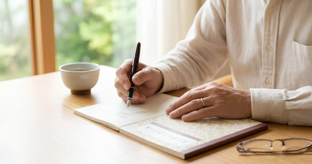 静かな部屋で、エンディングノートに万年筆で書き込む高齢の日本人男性の手元。終活を進め、将来の不安に向き合う様子。