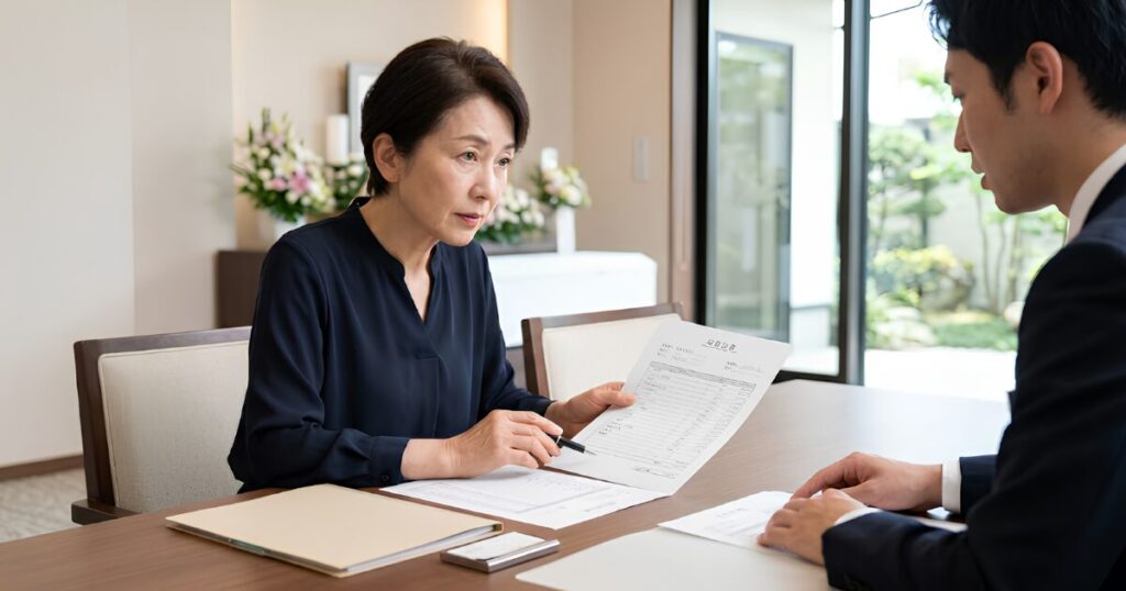 葬儀社の担当者の前で、追加費用の項目や金額に漏れがないか見積書を指差し確認しながら真剣に相談する50代の日本人女性。