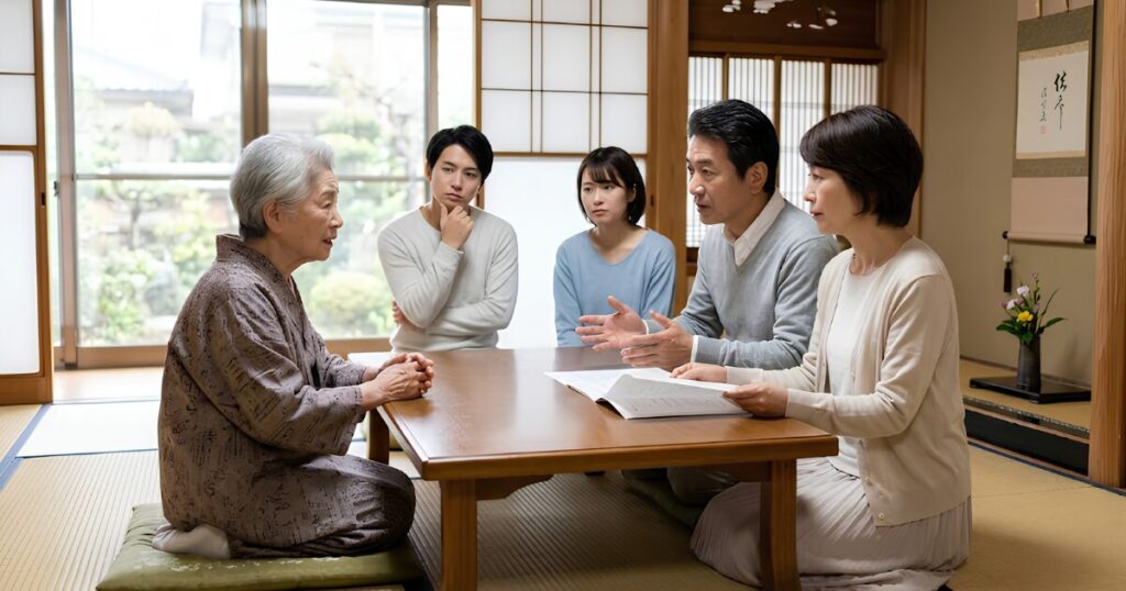 日本の伝統的な和室に集まり、深刻な表情で葬儀の進め方や直葬の希望について意見を交わし合う高齢の母親と子供たち。