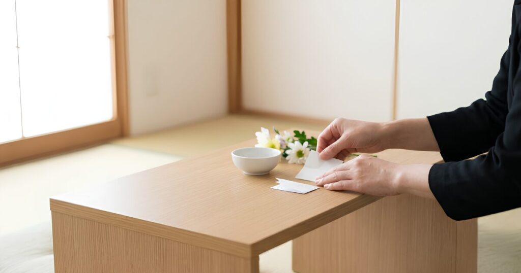 和室の木製テーブルの上で、白い小鉢や白い菊の花を前にし、お悔やみの手紙や紙片を静かに整えている喪服を着た女性の手元