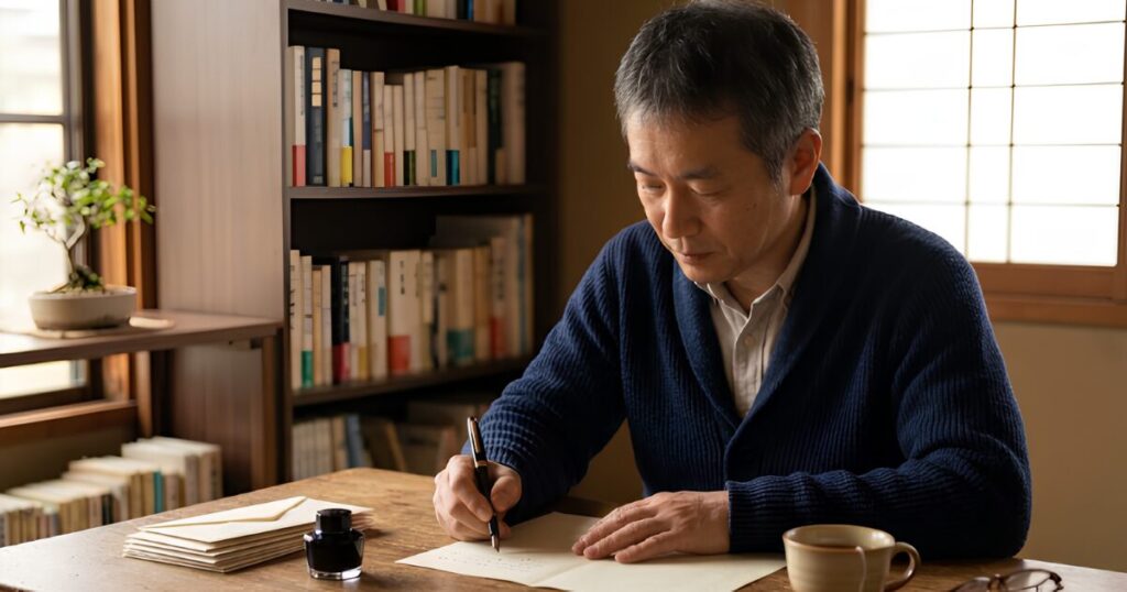 落ち着いた書斎で、50代の日本人男性が、感謝とこれからの関係継続を願う気持ちを込めて、丁寧にペンで手書きの断り状を書いている。