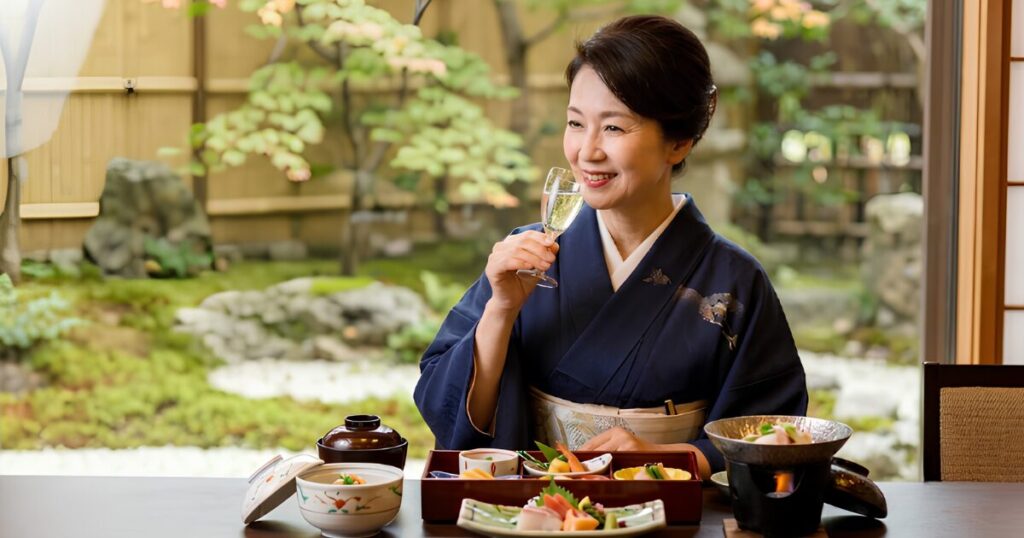 落ち着いた和の空間で、豪華な懐石料理を前に笑顔で日本酒を楽しむエレガントな日本人女性。ご自愛消費の様子。