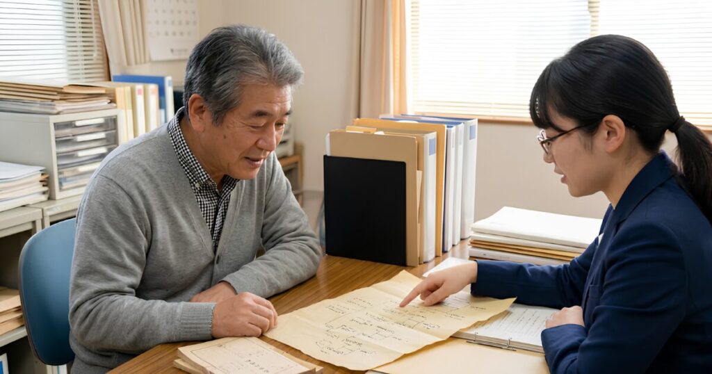 行政書士の女性から、戸籍調査の結果に基づいた家系図の作成方法について説明を受ける日本人シニア男性。