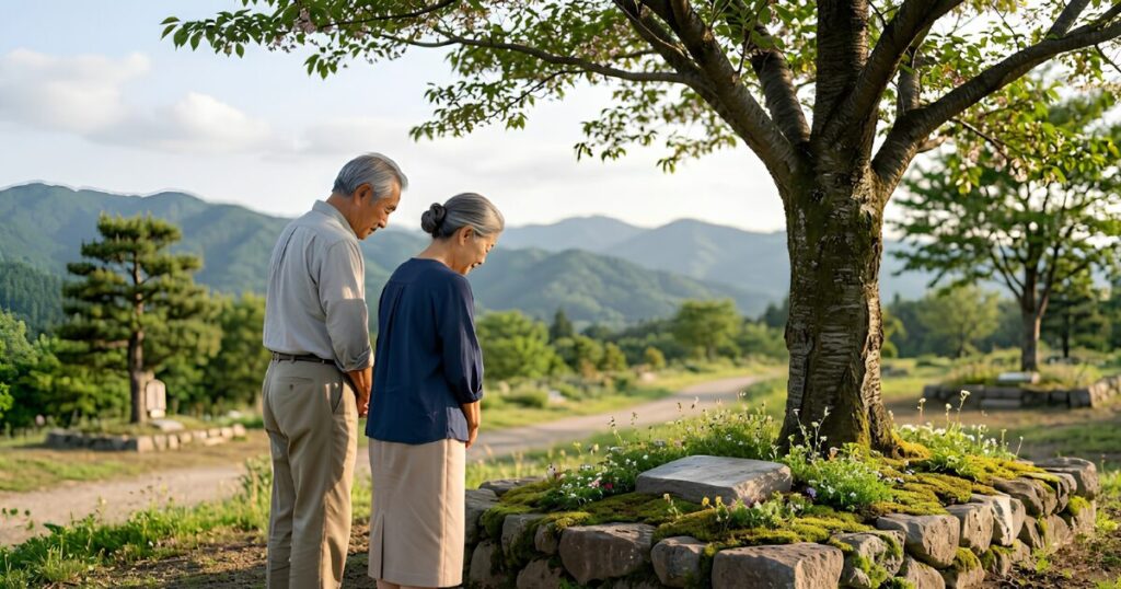 先祖代々のお墓を整理し、新しい供養先（樹木葬など）で静かに手を合わせる夫婦
