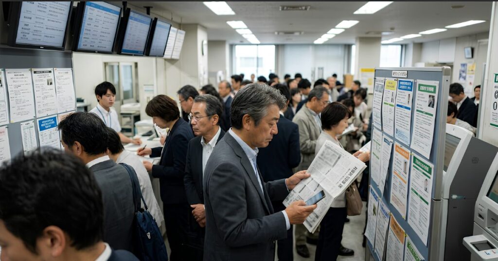 混雑する日本のハローワークで、厳しい表情で求人案内板を見つめる、再就職活動中の60代日本人男性。シニア世代の転職市場の厳しさと、再雇用制度の合理性を対比。