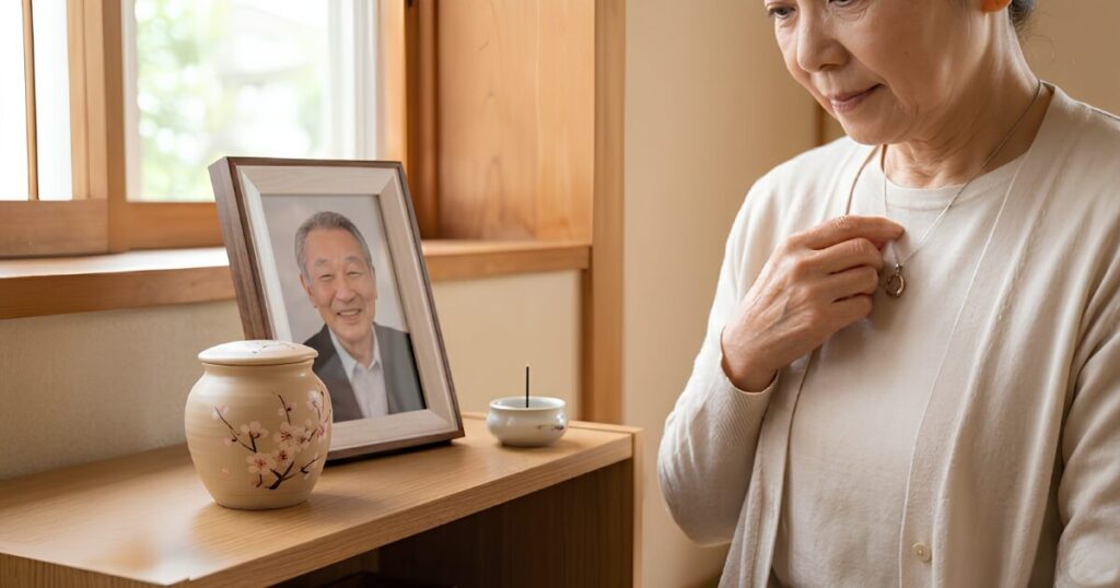 故人の遺影と、小さな遺骨入れペンダントに触れる日本人女性。自宅での手元供養。