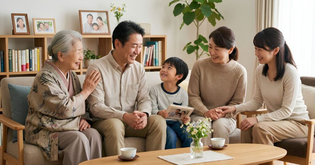 自然光が差し込むリビングのソファで、アルバムを囲みながら互いに寄り添い、笑顔で穏やかな時間を過ごす日本の三世代家族。