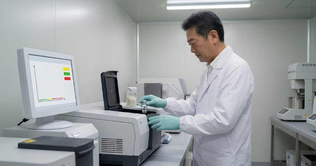 専門施設で、ご遺骨に含まれる有害な六価クロムを還元剤で無害な三価クロムへ中和処理（グリーン色の溶液へ変化）し、科学的に検証している日本人技術者。
