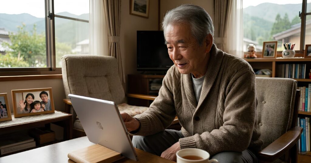 単身で移住した高齢男性が、タブレット端末を使って遠方の家族とオンライン通話をする様子