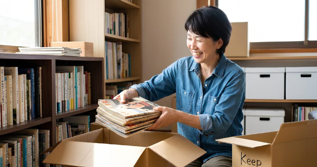 自宅のリビングで、50代の日本人の主婦が笑顔で古い雑誌や服を段ボールに詰め、断捨離をする様子。