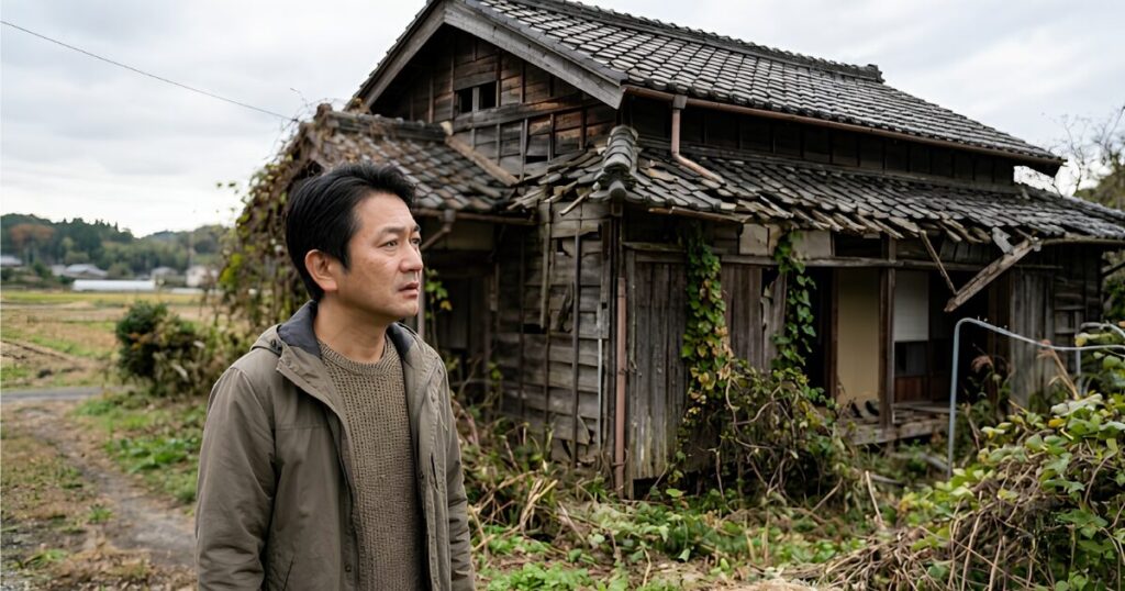 荒れ果てた田舎の休耕田に立ち、老朽化して崩れかけた実家（空き家）を不安げに見つめる50代の日本人男性（筆者）。放置された土地が「特定空家」に指定され、固定資産税が暴騰するリスクや管理責任の重さを象徴するシーン。