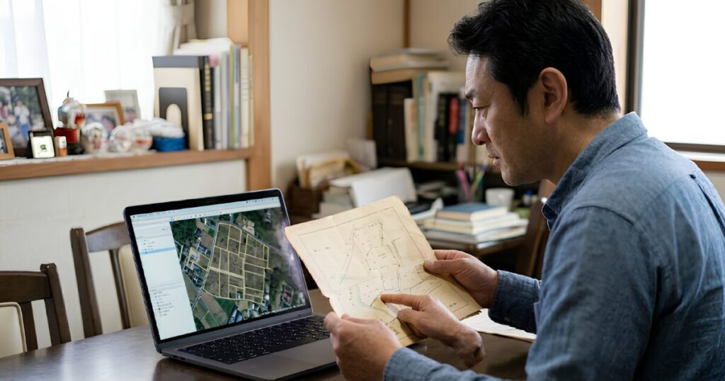 自宅の書斎で、50代の日本人男性（筆者）がPC画面に地図ビューアツールを表示し、傍らに広げた古い「公図（こうず）」のコピーと見比べながら、地番から土地の正確な場所を特定しようと集中している。デジタルとアナログを駆使した特定作業。