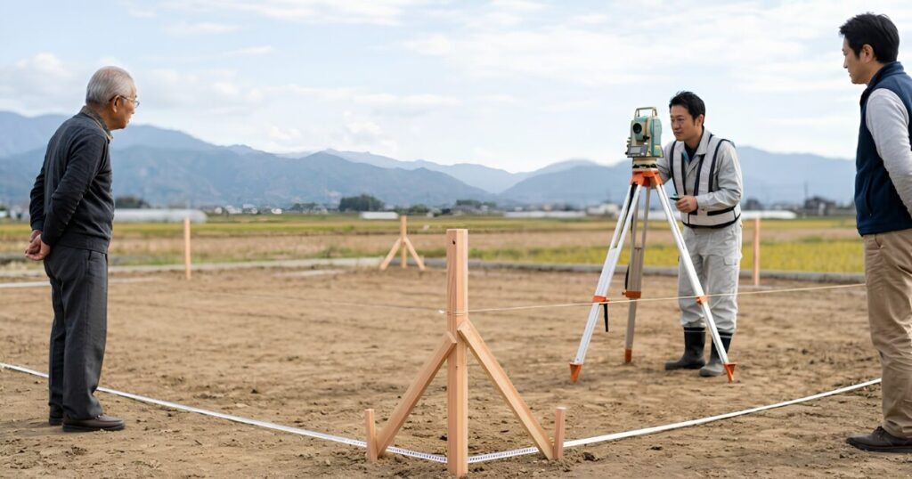 綺麗に更地化され、境界杭が打ち込まれた田舎の土地。その横で、50代の日本人男性（筆者）と、土地家屋調査士と思われる測量士が、測量機器を使いながら最終確認をしている。相続土地国庫帰属制度を利用するために、家屋解体と境界確定測量という「厳しいハードル」を越えた状態を表現。