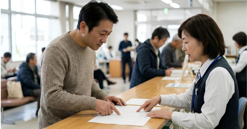 地元の市役所の税務窓口で、50代の日本人男性（筆者）が職員から「名寄帳（なよせちょう）」を受け取り、非課税物件も含めた親の全不動産リストを真剣に確認している。役所での調査風景。