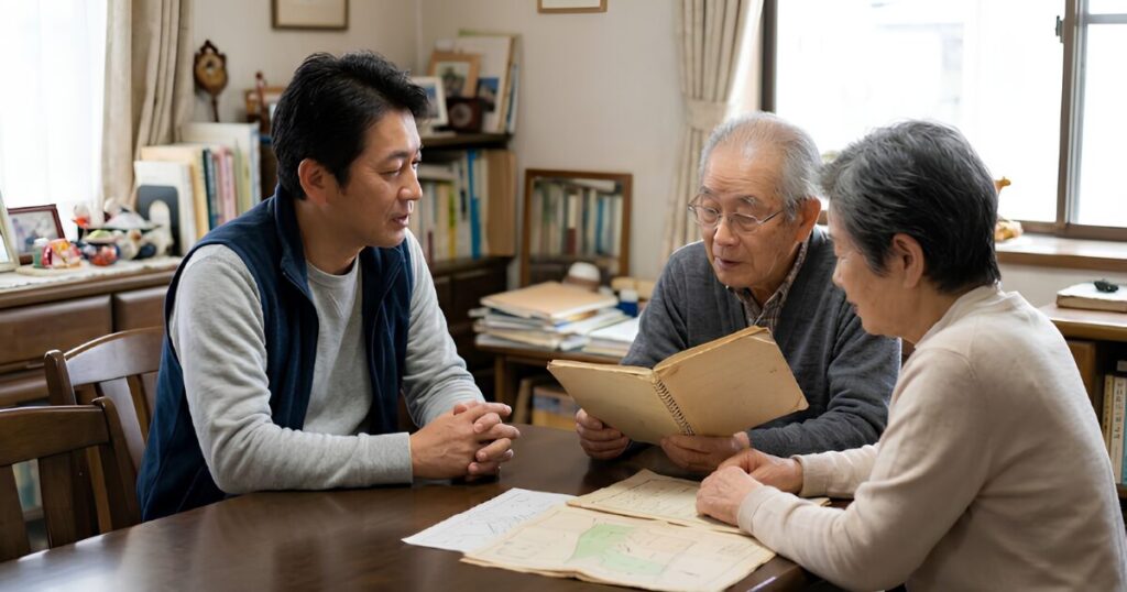 実家のリビングで、80代の両親とエンディングノートを広げながら真剣に話し合う50代の日本人男性（筆者）。古い地図や資料もテーブルに置かれている。親の終活における不動産把握の重要性を象徴するシーン。