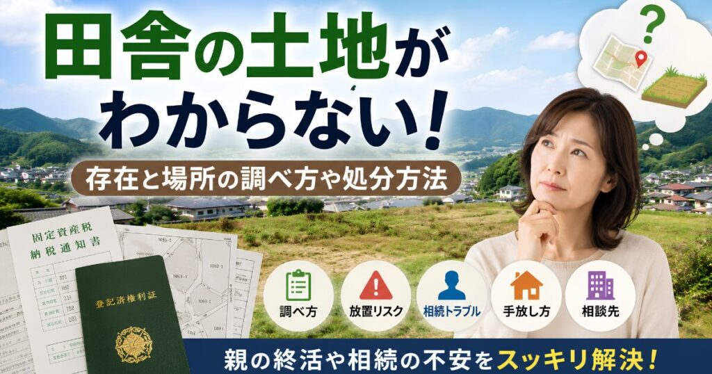 田舎の土地の場所がわからず悩む女性と農村風景。固定資産税通知書や登記書類をもとに土地の調べ方、相続手続き、処分方法を解説するイメージ画像。